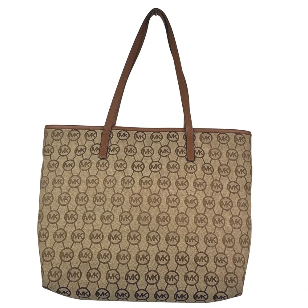 Michael Kors tan/brown MK‎ monogram tote bag, leather straps